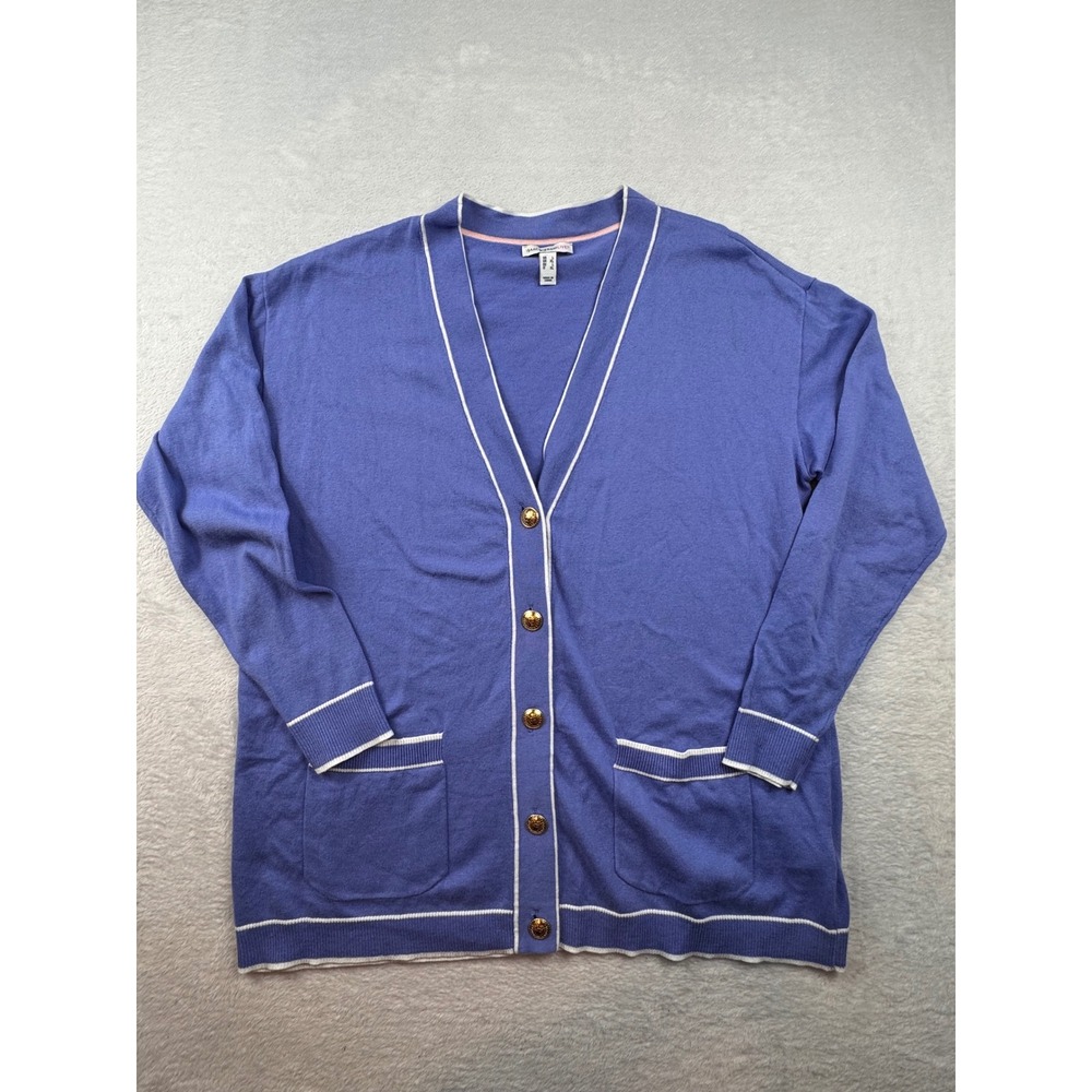 Isaac Mizrahi Live Blue Cardigan Sweater White Trim Gold Buttons Womens Large